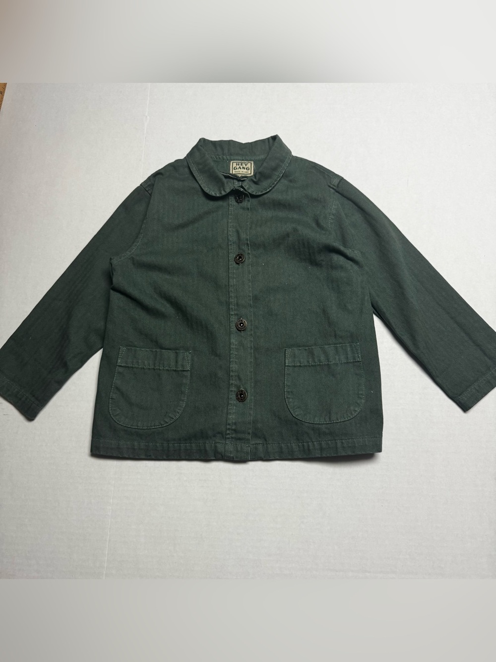 Vintage Hey Gang Chore Coat Kids Size 6/7 Herringbone Green Cotton Made In USA